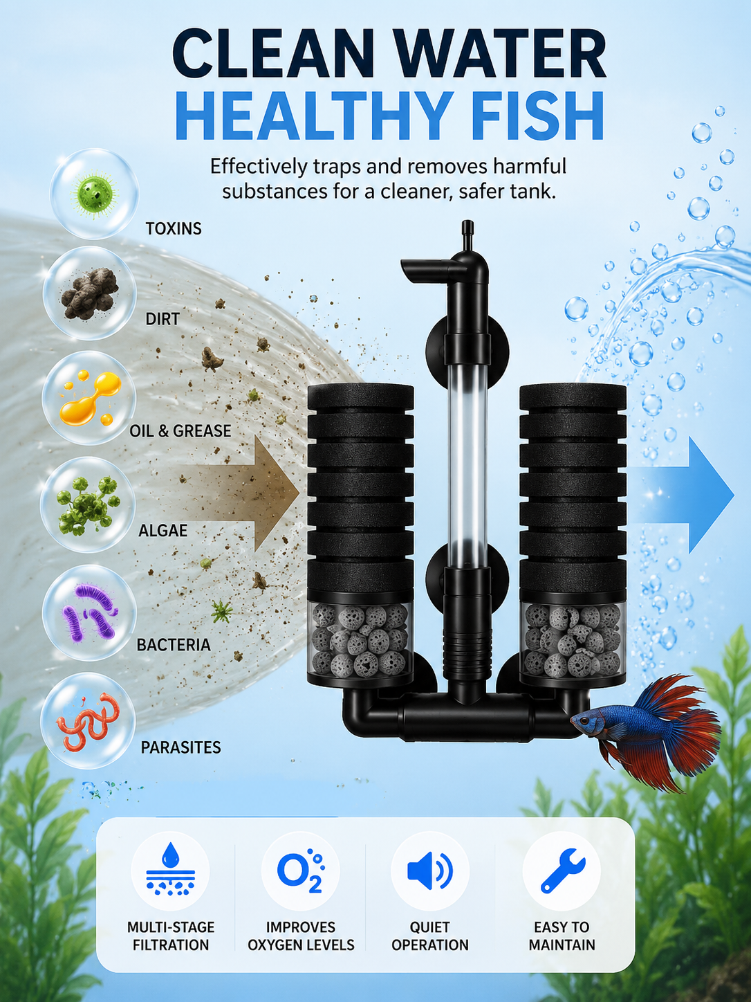 Double Bio Sponge Filter for Betta, Shrimp & Nano Fish Tanks